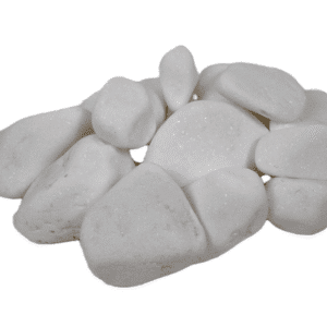 olished Santorini White pebbles in varying sizes, used for landscaping, garden features, and decorative design in Texas.