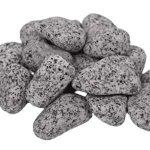 Smooth grey granite pebbles with natural black speckles, piled against a white background for landscaping and garden design.