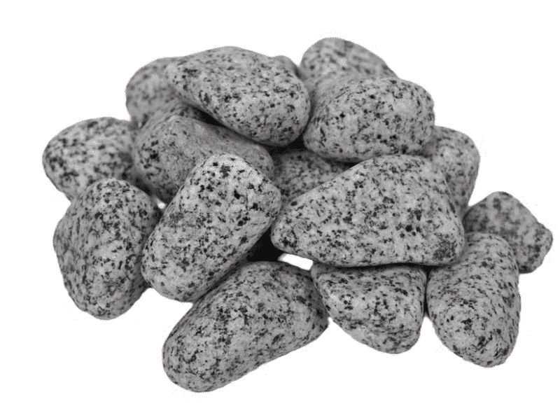 Smooth grey granite pebbles with natural black speckles, piled against a white background for landscaping and garden design.